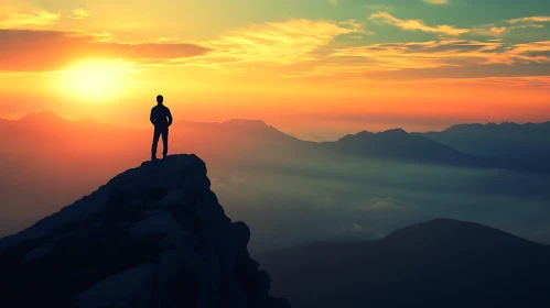 Man on Mountain Top at Sunset