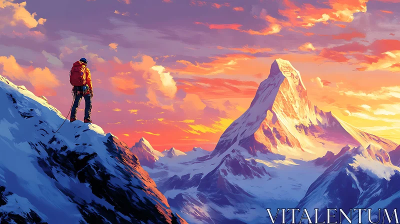 AI ART Snowy Mountain Peak at Sunset