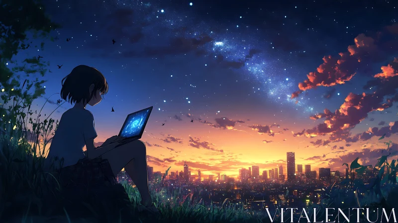 AI ART Anime Sunset City View with Stars