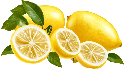 Bright Yellow Lemons with Green Leaves