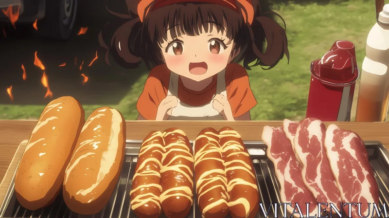 Anime Girl and Delicious Spread of Bread and Meats AI Image