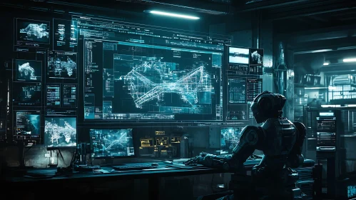 Robot Analyzing Data on Multiple Screens