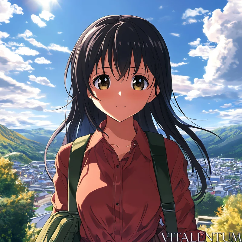 Anime Girl in Picturesque Mountain Setting AI Image