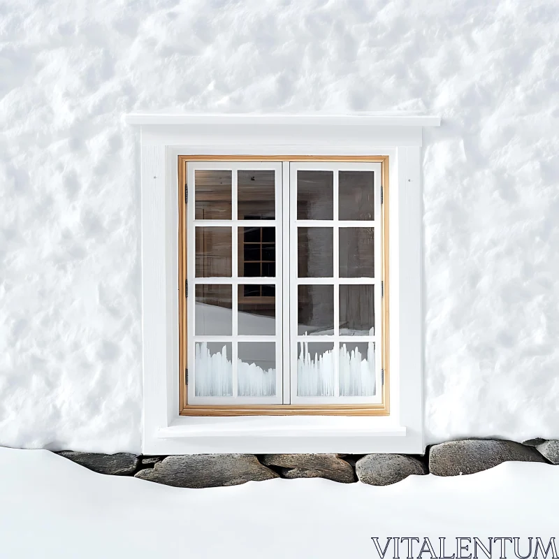 Wintertime Wooden Trim Window in Snow AI Image