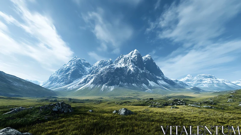 Mountain Range Landscape with Green Field AI Image