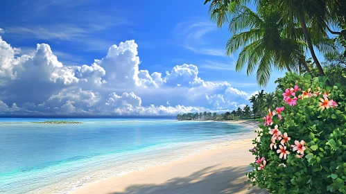 Seascape with Flowers on Tropical Island