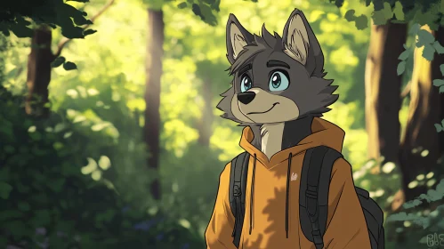 Cartoon Wolf Hiking in Forest