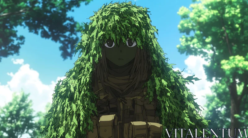 Camouflaged Anime Character in Lush Forest AI Image