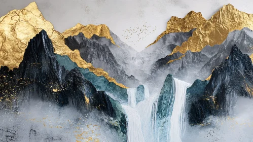 Golden Peaks and Waterfalls Mountain Scenery