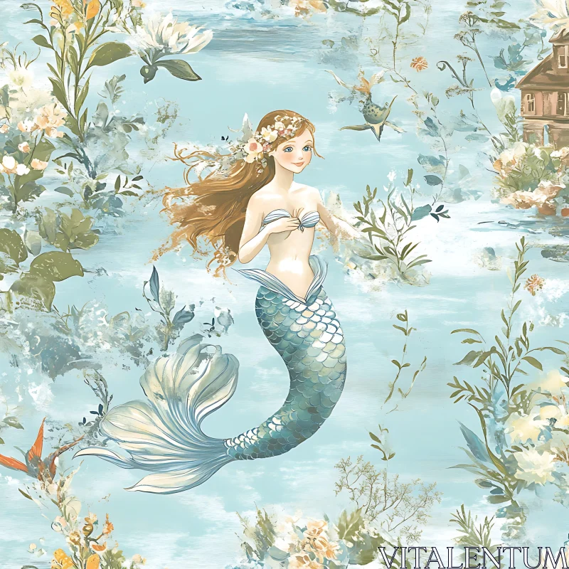 Floral Mermaid Fantasy Art AI Image