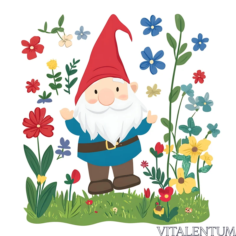 AI ART Cartoon Gnome in a Floral Garden