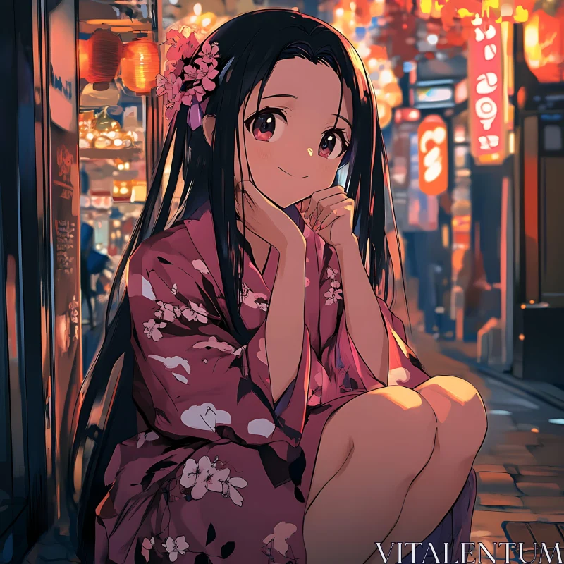 Anime Girl in Kimono at Night AI Image