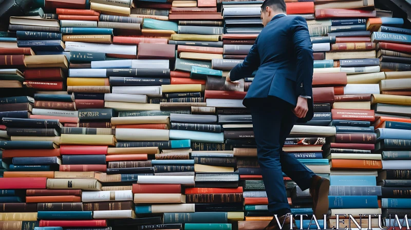 Man Climbing a Wall of Books AI Image