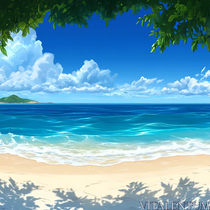 AI ART Peaceful Ocean View with Green Foliage