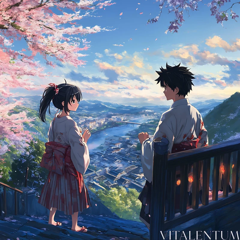 Anime Scenic View with Cherry Blossoms and Kimono AI Image