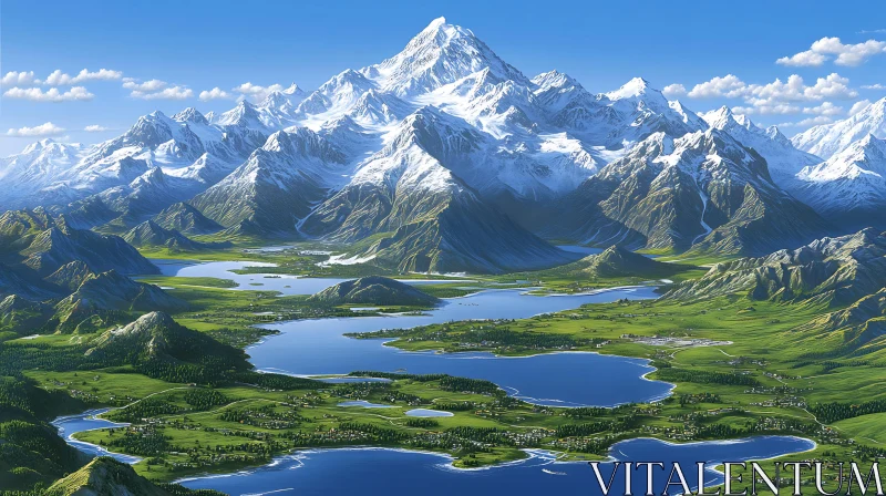 Snowy Peaks and Green Valley Landscape AI Image