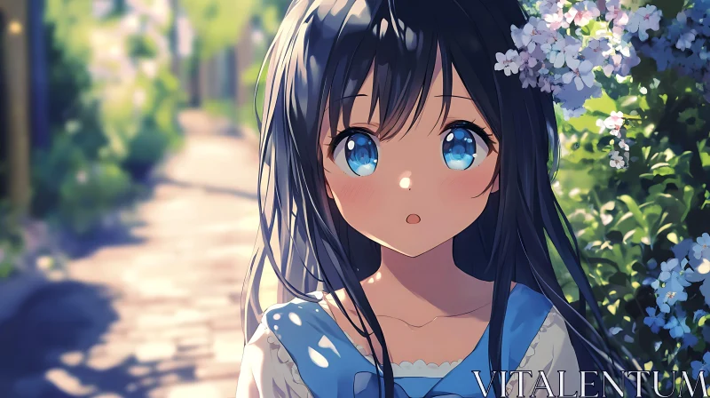 Adorable Anime Girl Amidst Blooming Flowers AI Image