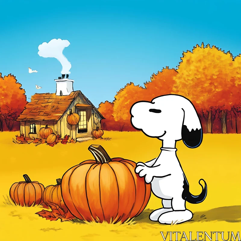 Cartoon Dog in Autumn Field with Pumpkin and Cottage AI Image