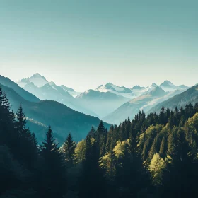 Snowy Peaks and Forested Valley