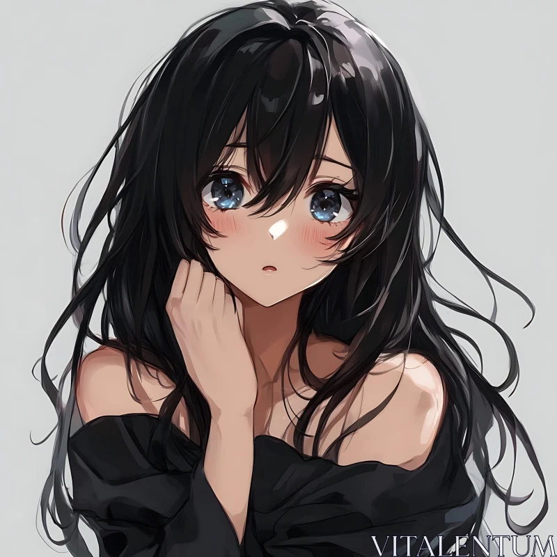 Shy Anime Girl with Black Hair and Blue Eyes AI Image