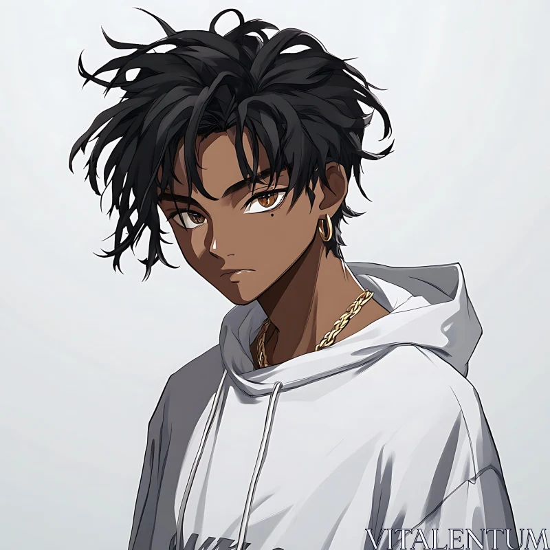 Stylish Anime Boy with Curly Hair and Gold Jewelry AI Image