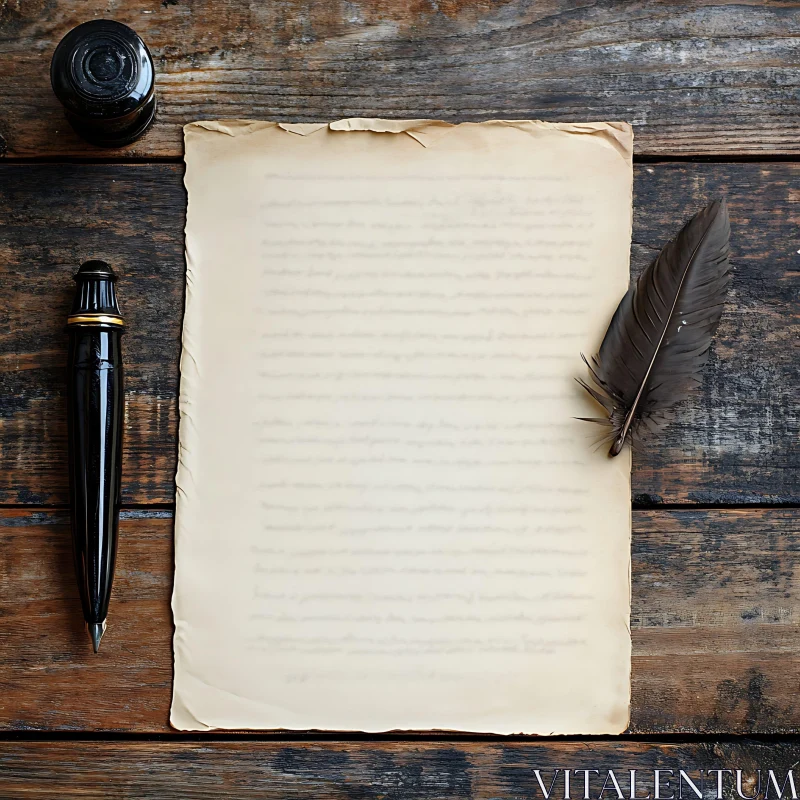 Antique Writing Tools on Wooden Table AI Image