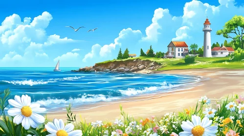 Coastal View with Lighthouse and Floral Meadow