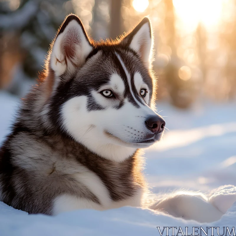 Siberian Husky in a Sunlit Winter Landscape AI Image