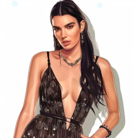 Glamorous Kendall Jenner in a Black Dress with Detailed Work