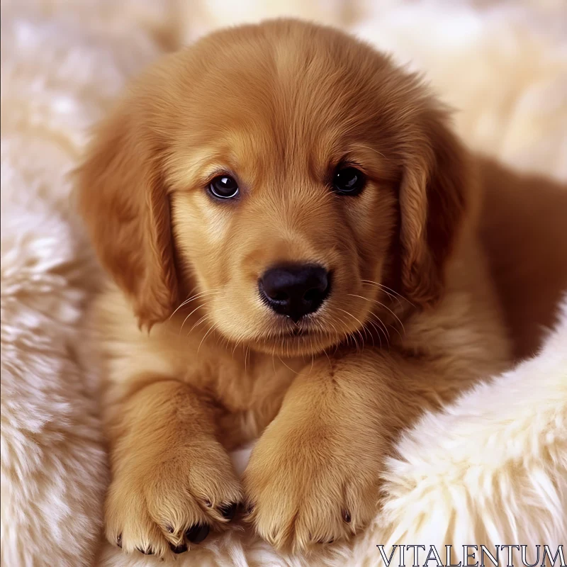 AI ART Cute Golden Retriever Puppy Resting on Soft Fluffy Blanket