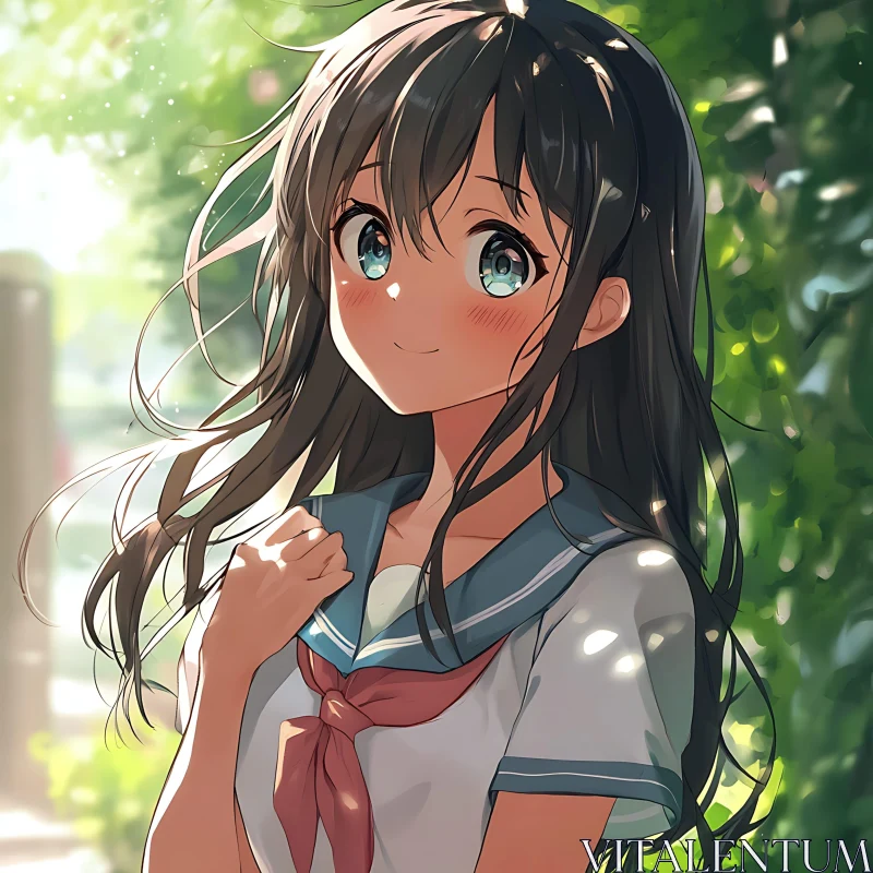 Anime Girl with Gentle Expression in Nature AI Image