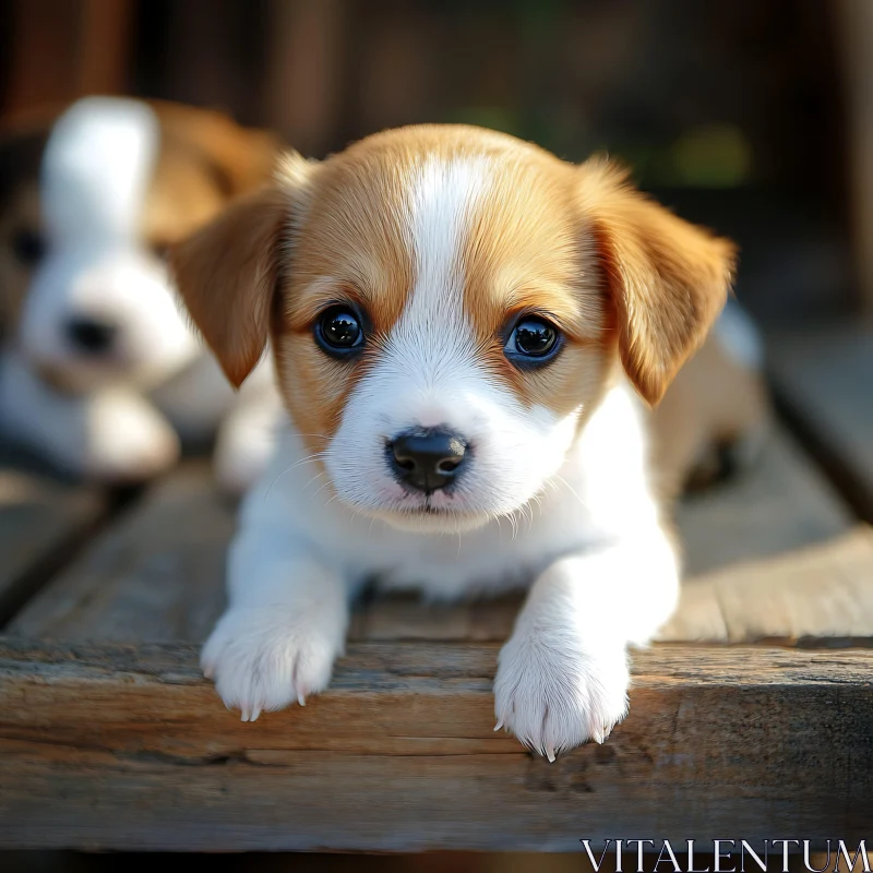 Adorable Puppy Resting on Wooden Surface AI Image