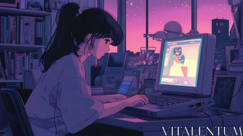 Nighttime Anime Illustration of Girl Working on Computer AI Image