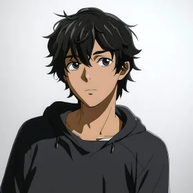 Anime Character with Dark Hair and Hoodie