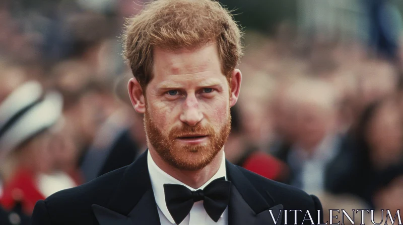 Prince Harry's Formal Portrait in Black Tuxedo AI Image