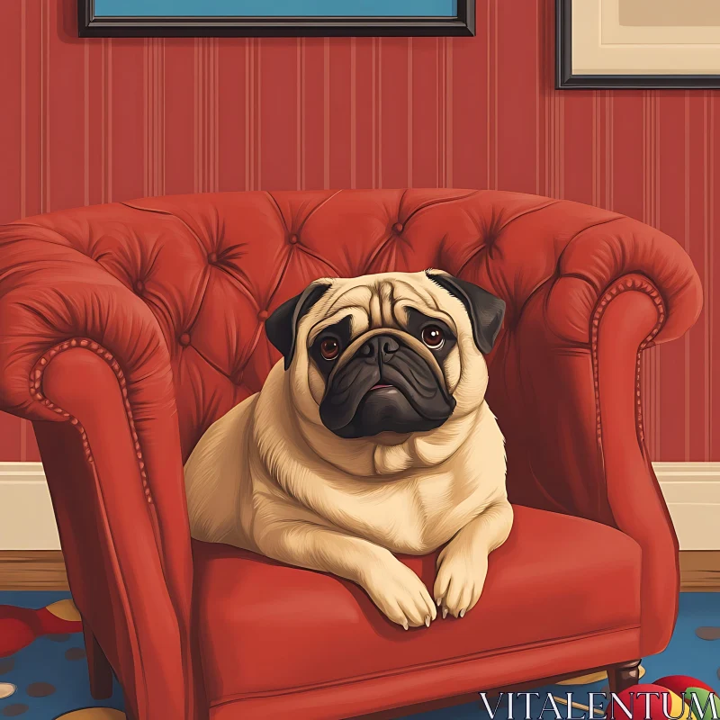 Adorable Pug on Red Armchair AI Image