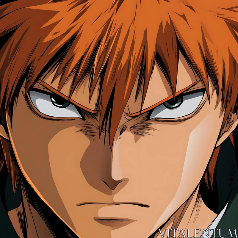 Focused Anime Character with Orange Hair and Intense Gaze AI Image