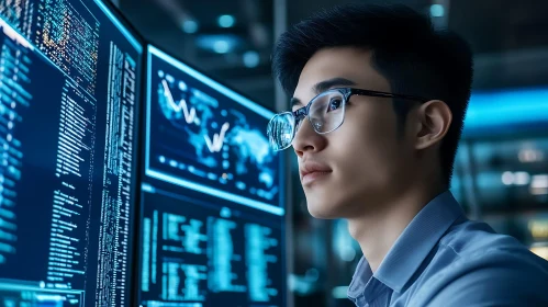 Man Analyzing Data on Multiple Screens