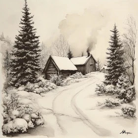 Monochrome Winter Cabin Scene