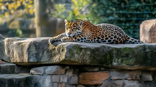 Spotted Jaguar Lounging on Stone Ledge