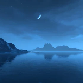 Blue Night Seascape with Crescent Moon