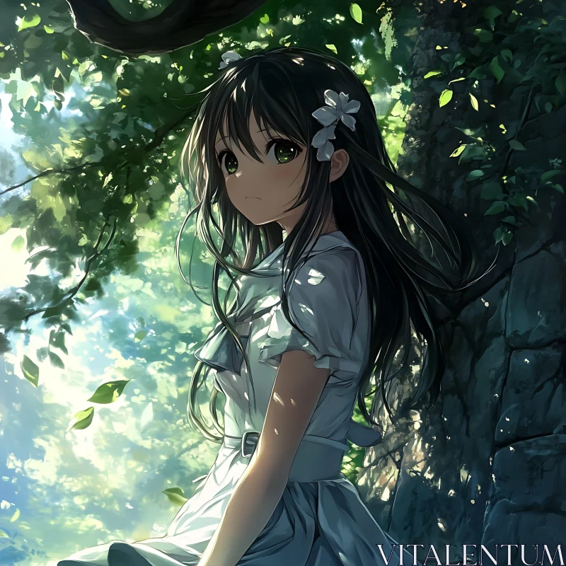 Anime Girl in White Dress with Greenery AI Image