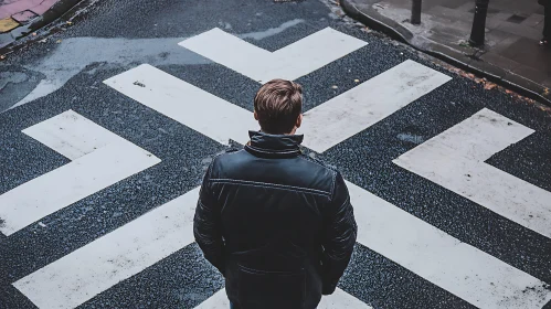 Man at Crosswalk: Directional Urban Scene