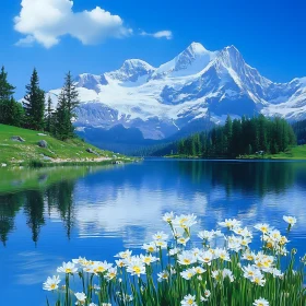 Alpine Lake Reflection with Wildflowers