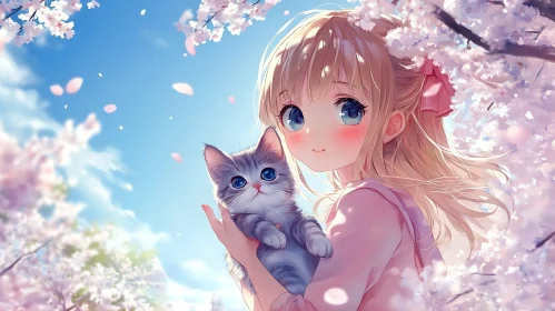 Anime Girl with Kitten and Cherry Blossoms