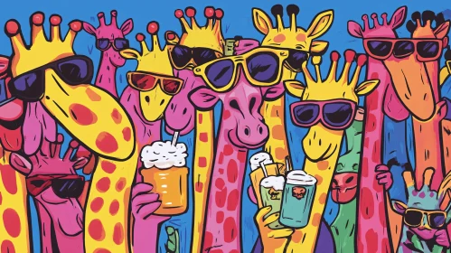 Vibrant Giraffes Partying