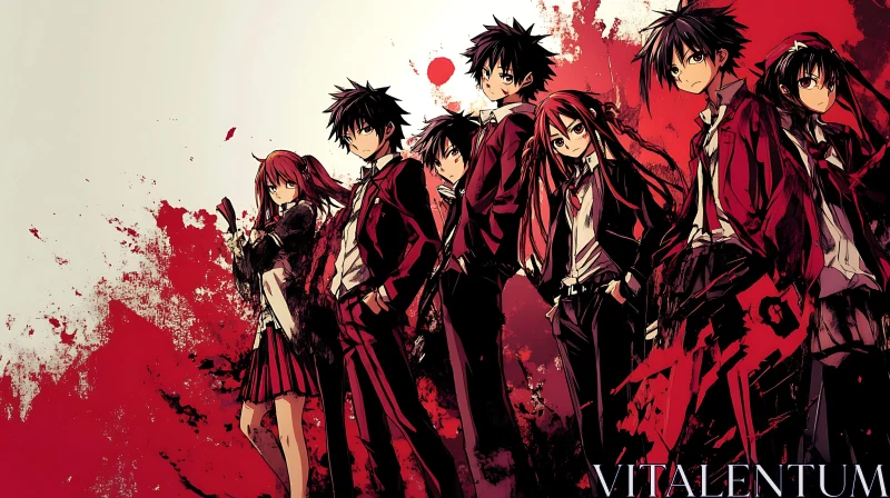 Group of Anime Characters with Red and Black Theme AI Image