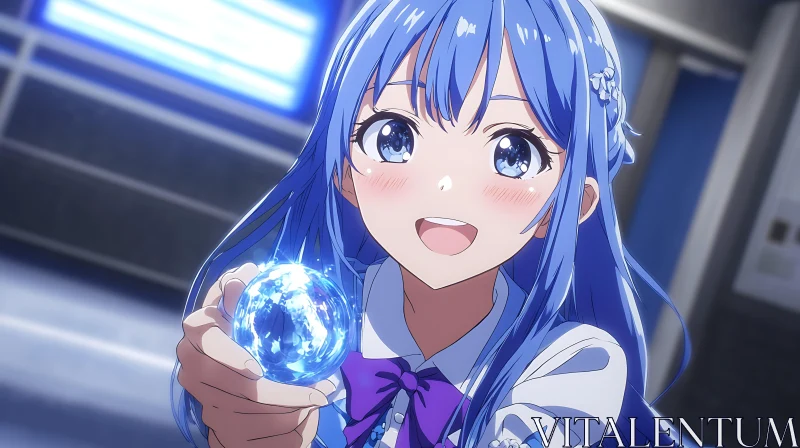 Anime Girl with Blue Hair and Magical Orb AI Image