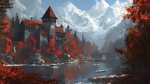 Mountain Castle with River in Fall