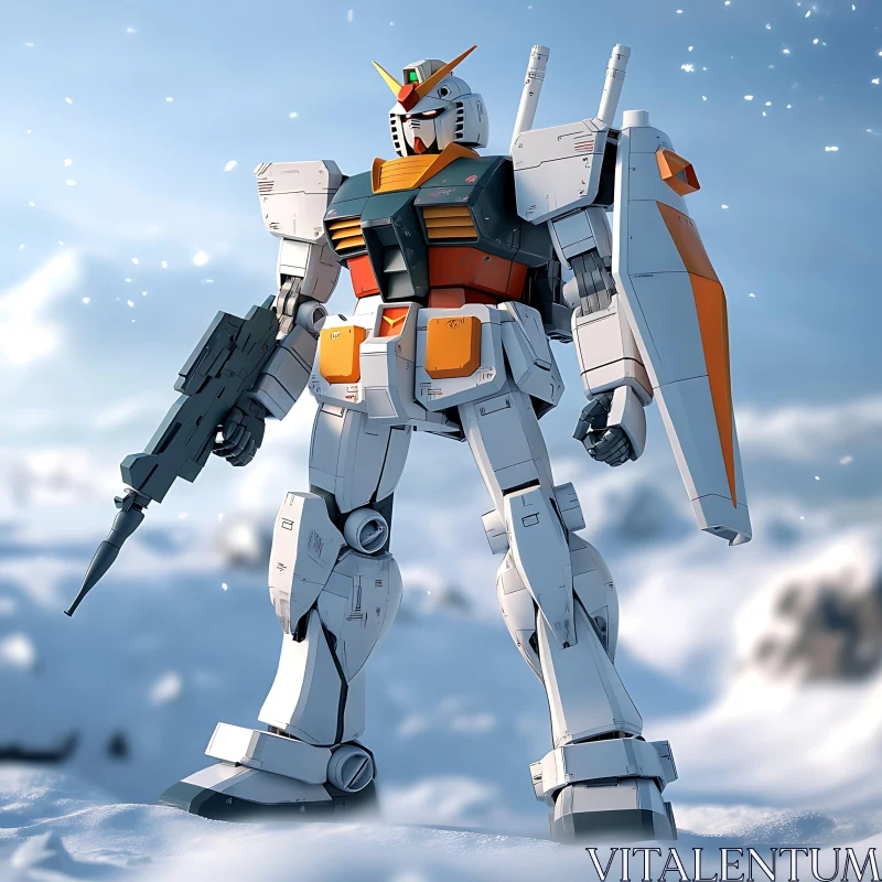 Mecha Robot in Winter Landscape AI Image